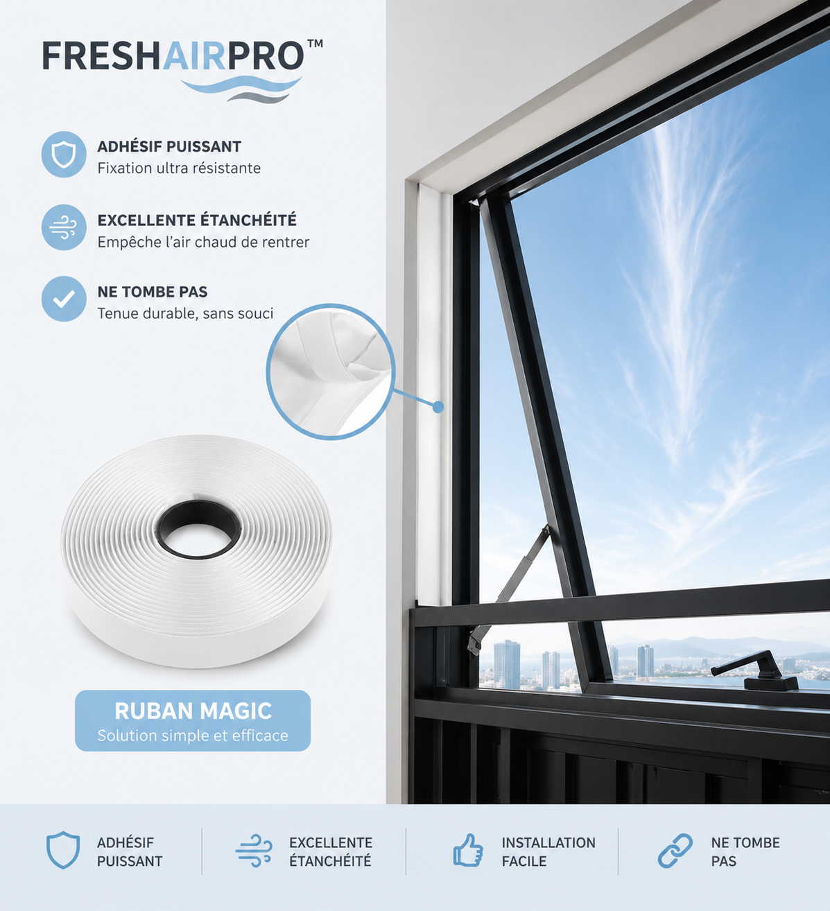 Infographie Joint FreshAir Pro : adhésif puissant, étanchéité, installation facile, ne tombe pas