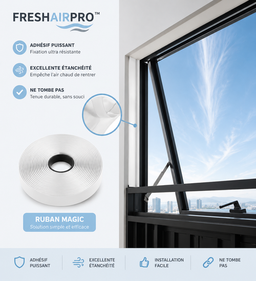 Infographie Joint FreshAir Pro : adhésif puissant, étanchéité, installation facile, ne tombe pas