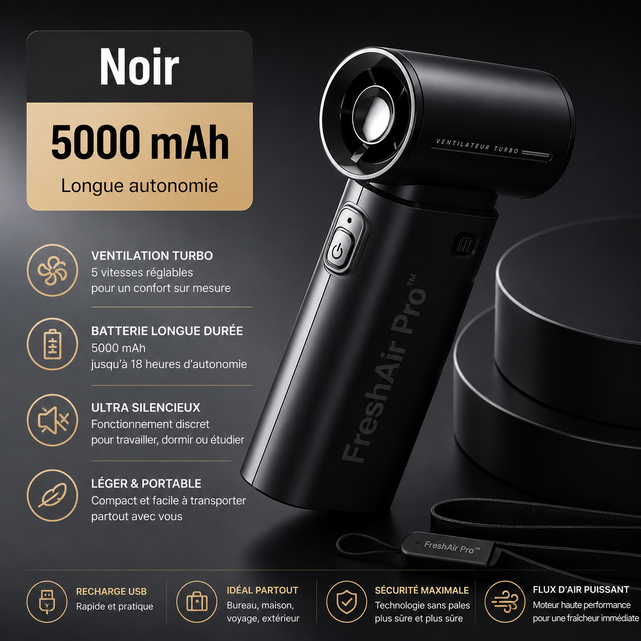 FreshAir Pro™ – Ventilateur Turbo Portable 5000 mAh