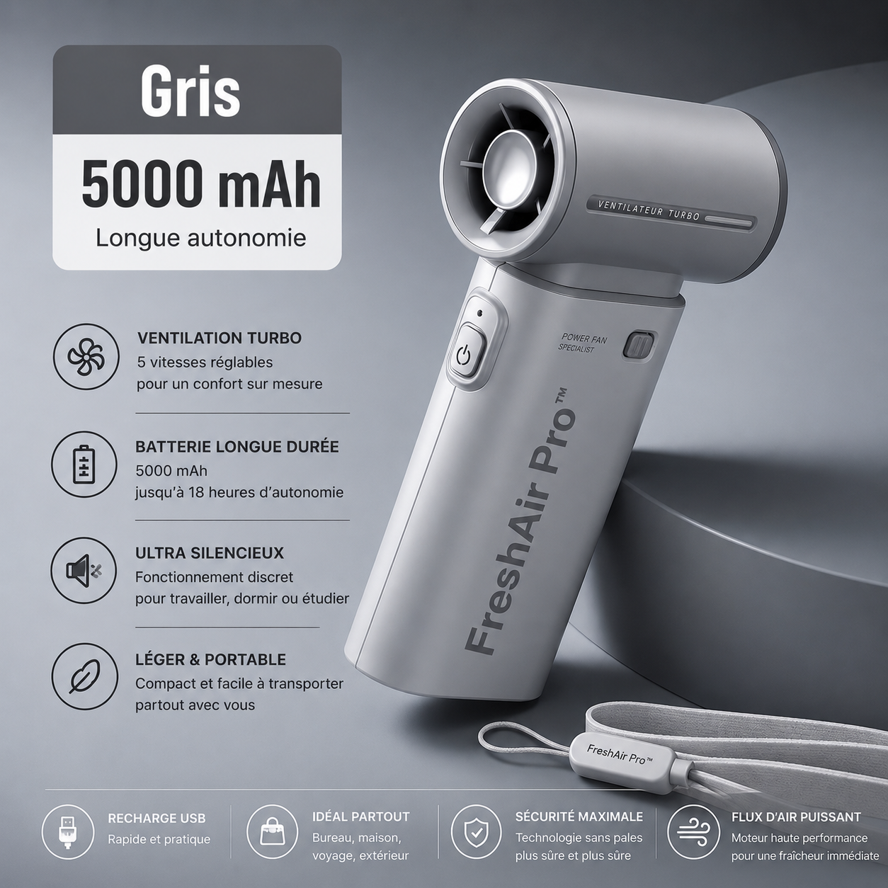 FreshAir Pro™ – Ventilateur Turbo Portable 5000 mAh