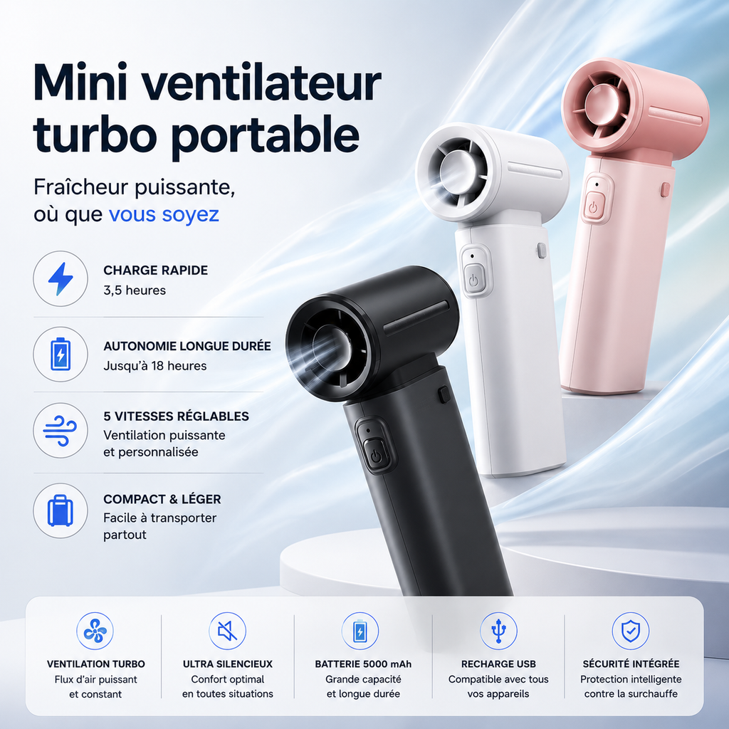 FreshAir Pro™ – Ventilateur Turbo Portable 5000 mAh