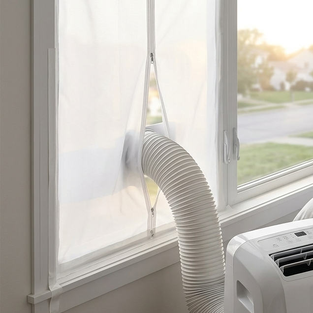 Joint de fenêtre FreshAir Pro installé avec le tuyau du climatiseur portable