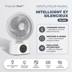 FreshAir Pro™ – Ventilateur mural intelligent blanc, infographie : commande vocale, minuterie 12 heures, oscillation automatique