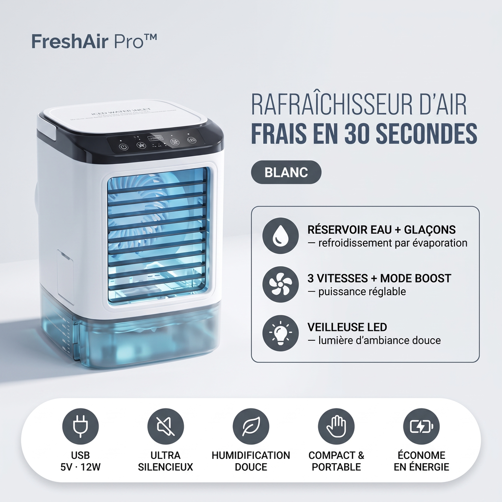 FreshAir Pro™ – Mini rafraîchisseur d'air USB blanc, infographie : réservoir eau + glaçons, 3 vitesses + mode boost, veilleuse LED