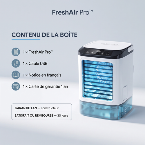 FreshAir Pro™ – Mini rafraîchisseur : contenu de la boîte avec câble USB, notice en français et carte de garantie
