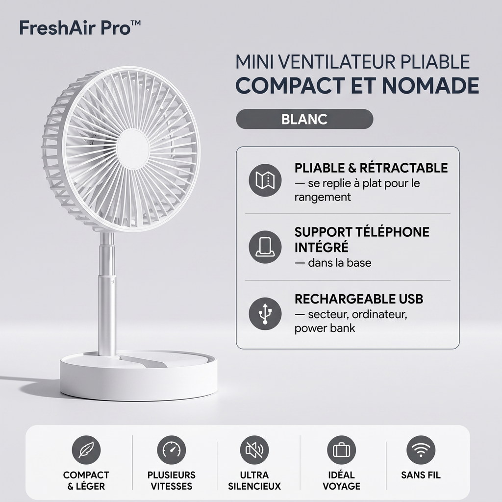 FreshAir Pro™ – Mini ventilateur pliable blanc, infographie : pliable et rétractable, support téléphone intégré, rechargeable USB