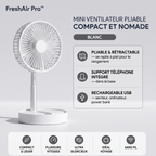 FreshAir Pro™ – Mini ventilateur pliable blanc, infographie : pliable et rétractable, support téléphone intégré, rechargeable USB