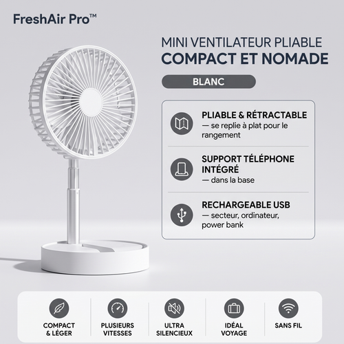 FreshAir Pro™ – Mini ventilateur pliable blanc, infographie : pliable et rétractable, support téléphone intégré, rechargeable USB