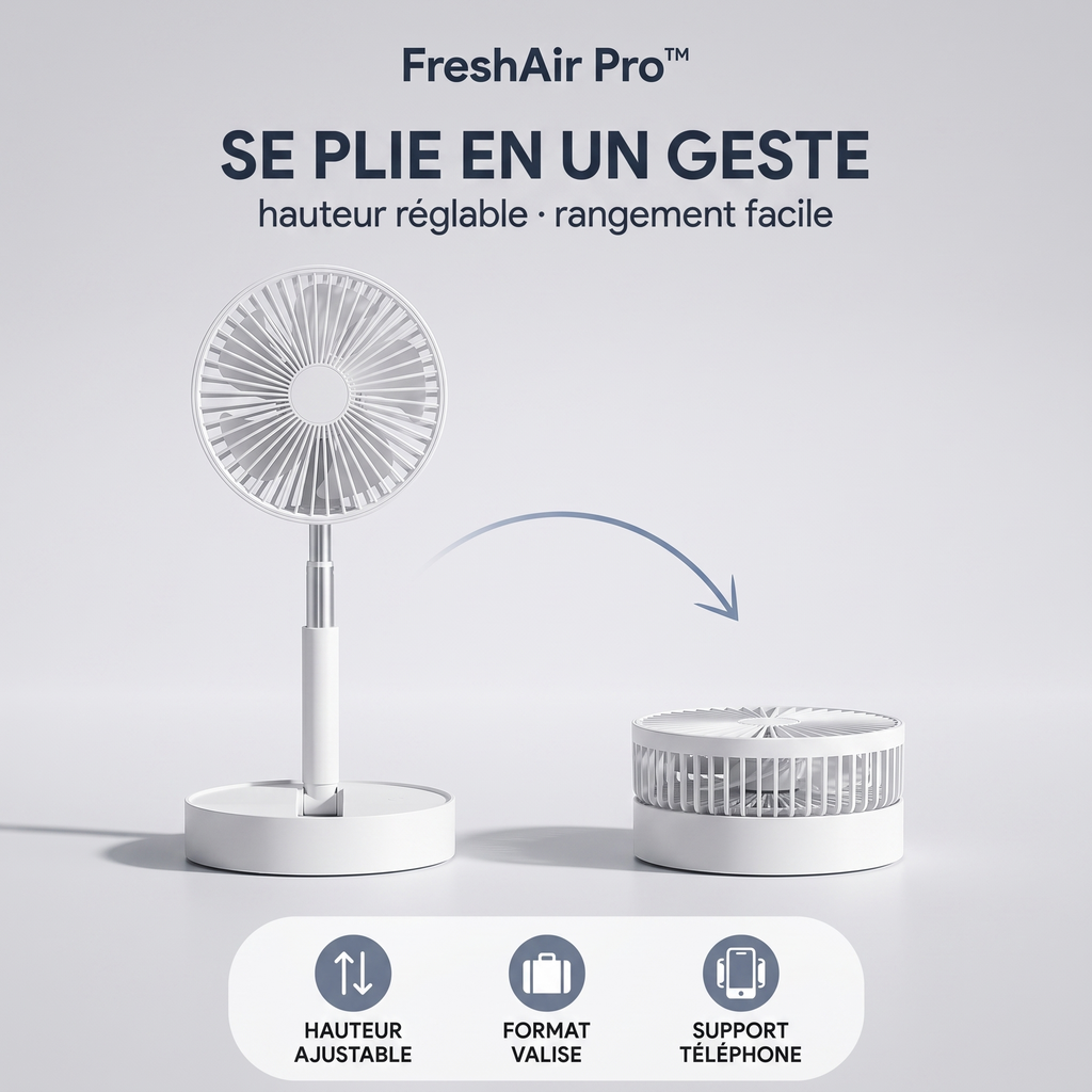 FreshAir Pro™ – Mini ventilateur pliable : démonstration du pliage, hauteur réglable et format compact