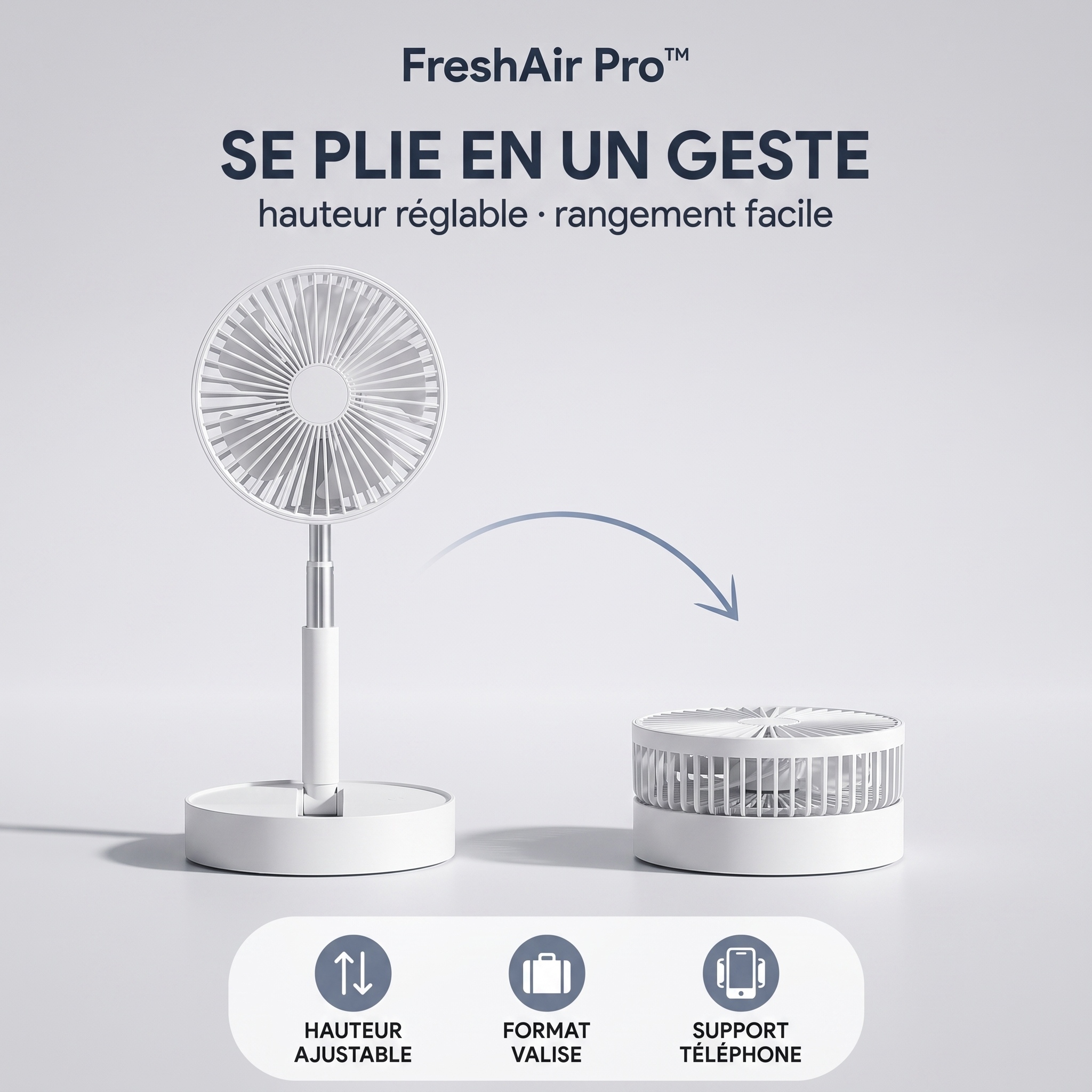 FreshAir Pro™ – Mini ventilateur pliable : démonstration du pliage, hauteur réglable et format compact