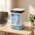 FreshAir Pro™ – Mini rafraîchisseur d'air sur un bureau lumineux, brume fraîche