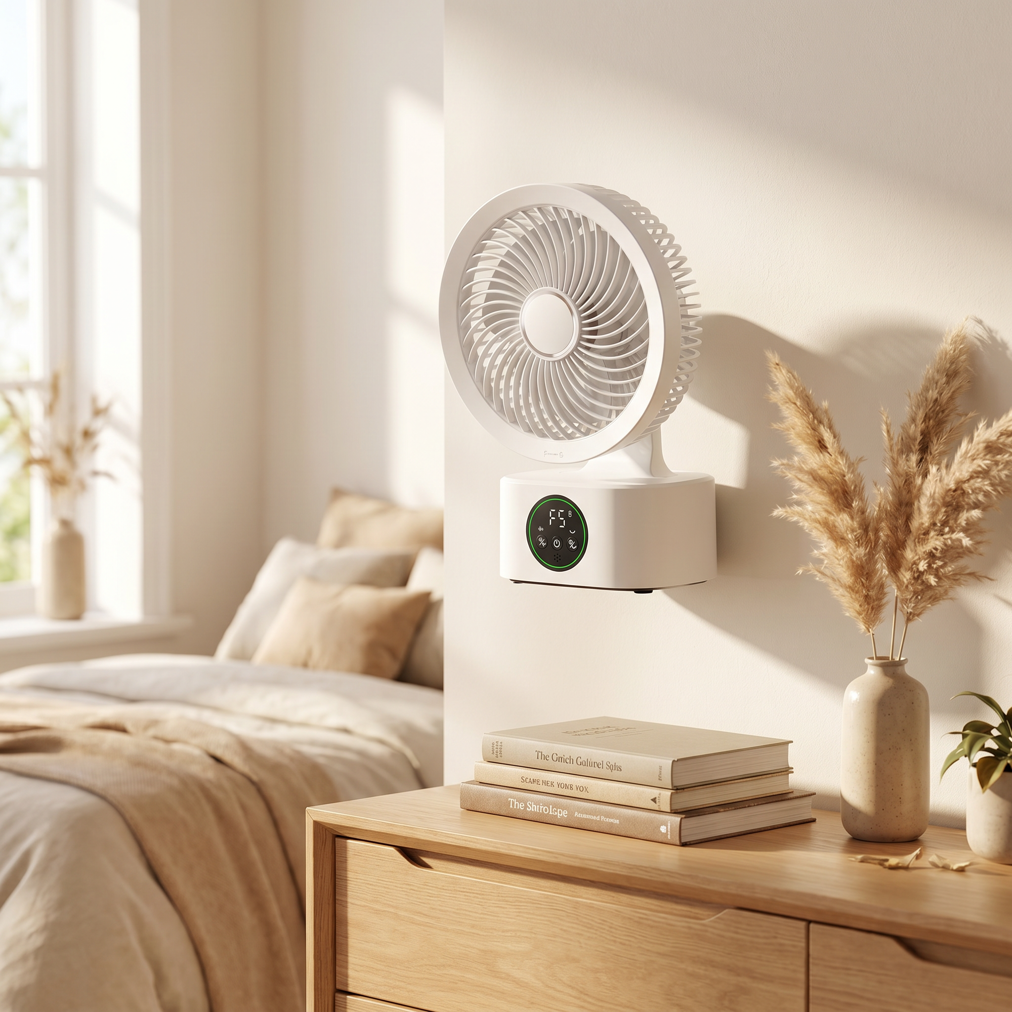 FreshAir Pro™ – Ventilateur mural fixé au mur d'une chambre lumineuse, sans perçage