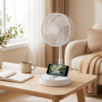 FreshAir Pro™ – Mini ventilateur pliable sur une table basse avec smartphone sur le support intégré