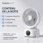 FreshAir Pro™ – Ventilateur mural : contenu de la boîte avec télécommande, câble USB et manuel