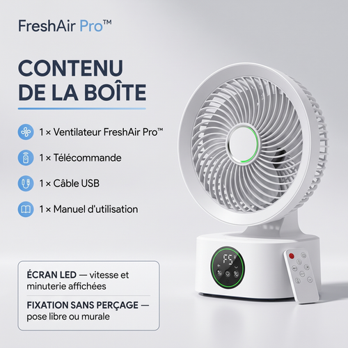 FreshAir Pro™ – Ventilateur mural : contenu de la boîte avec télécommande, câble USB et manuel