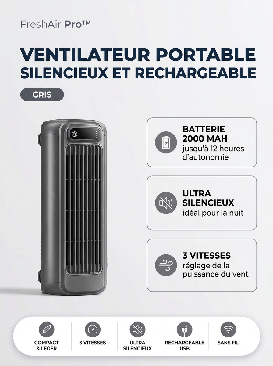FreshAir Pro Ventilateur Portable Rechargeable USB Gris — fiche produit