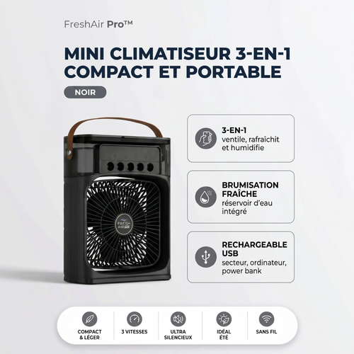 FreshAir Pro Mini Climatiseur 3-en-1 Noir — fiche produit