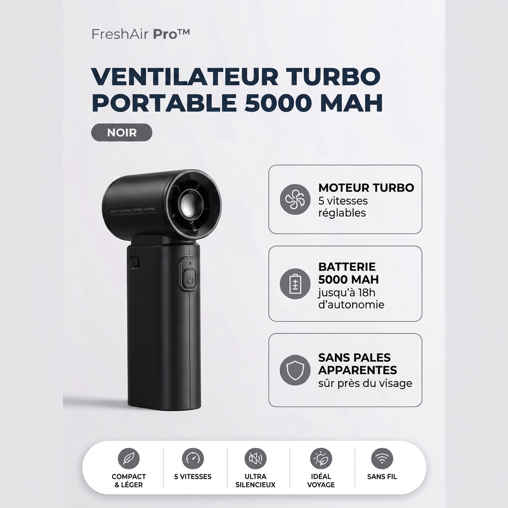 FreshAir Pro Ventilateur Turbo Portable 5000 mAh — fiche produit