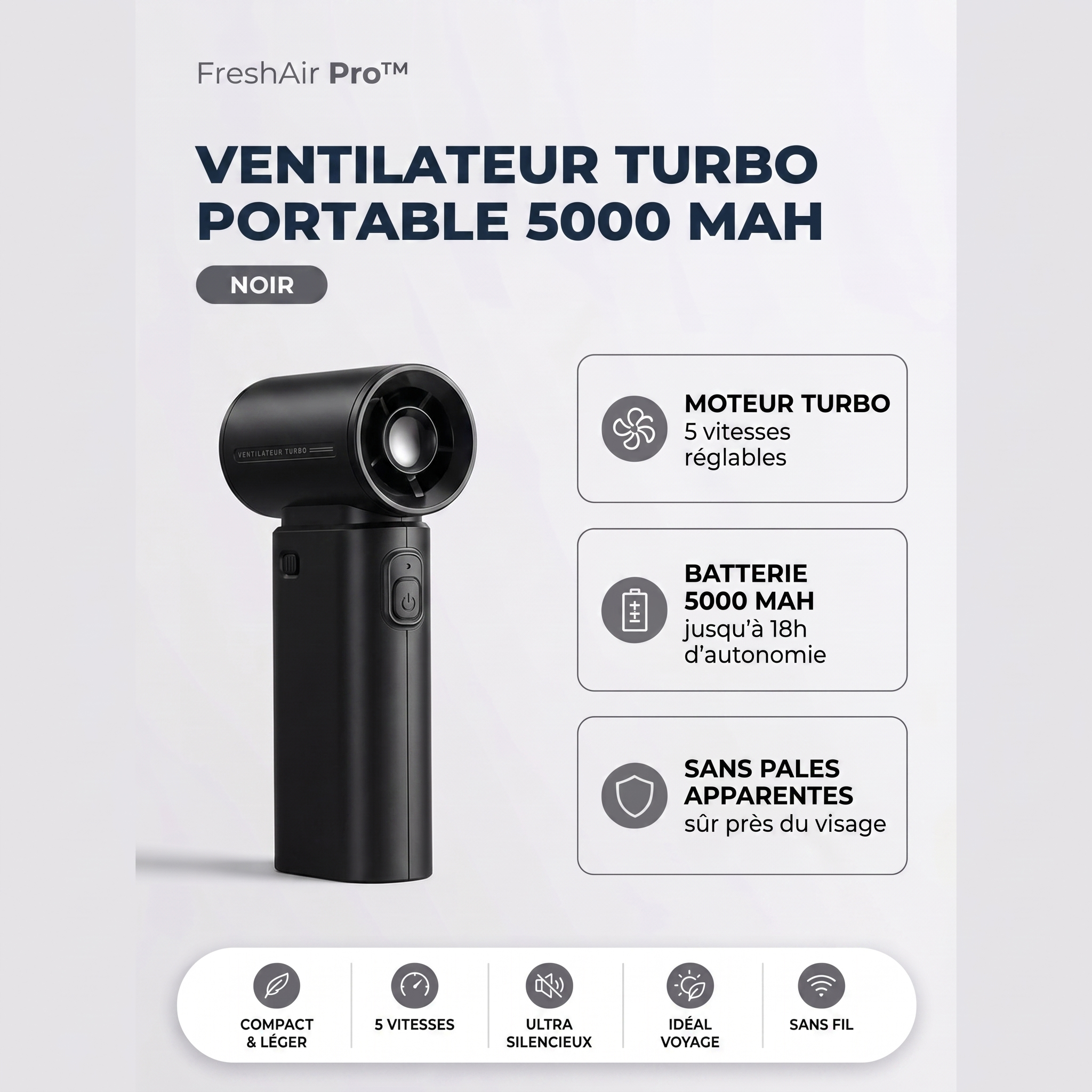 FreshAir Pro Ventilateur Turbo Portable 5000 mAh — fiche produit